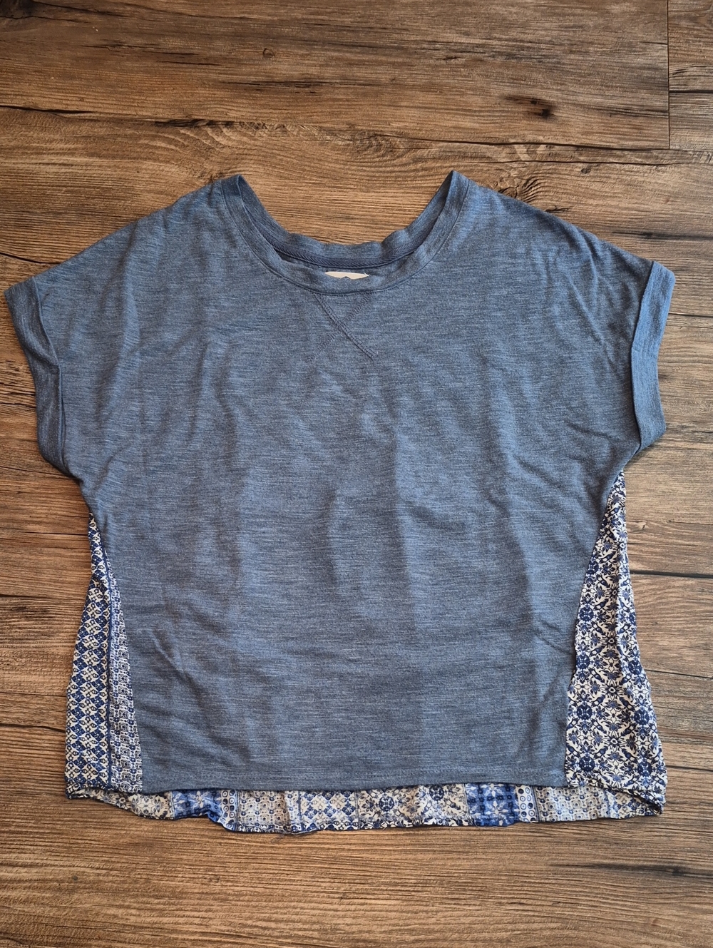 Women's Blue Short Sleeve Mixed-Panel Tee